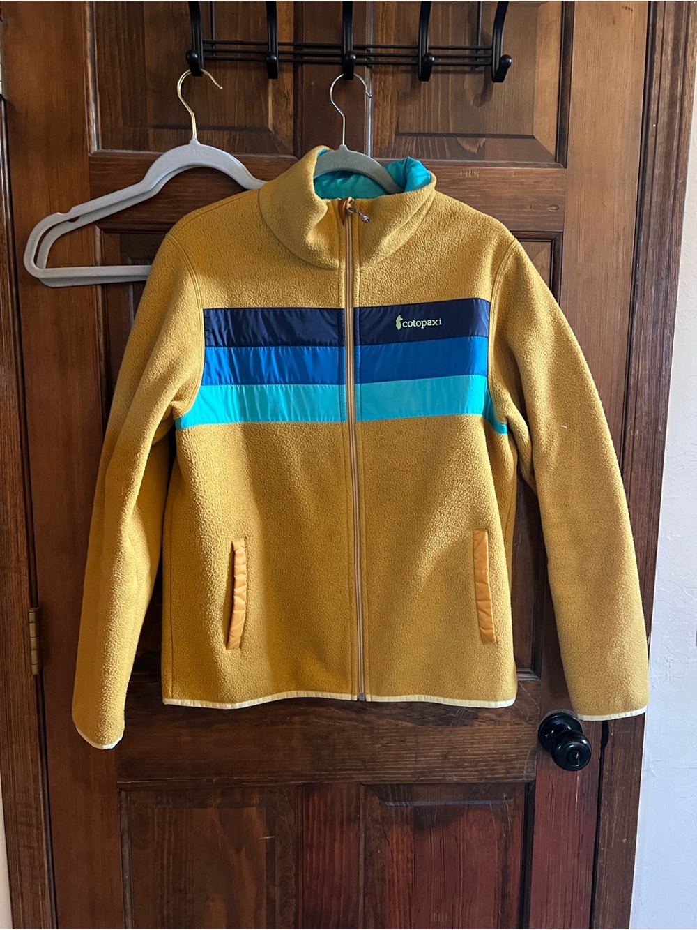 Cotopaxi Women's Mustard Yellow Fleece Jacket with Blue Stripe